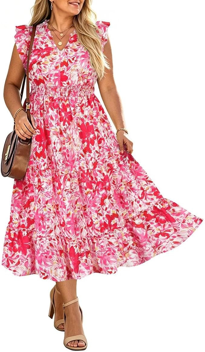 RITERA Plus Size Dress for Curvy Women Summer Cap Sleeve V Neck Boho Maxi Dresses Floral/Gingham/... | Amazon (US)
