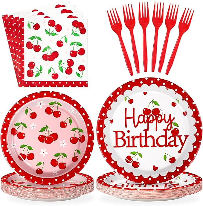 Grencian 96Pcs Cherry Birthday Party Decorations Cherry Party Plates Disposable Cherry Fruit Birt... | Amazon (US)