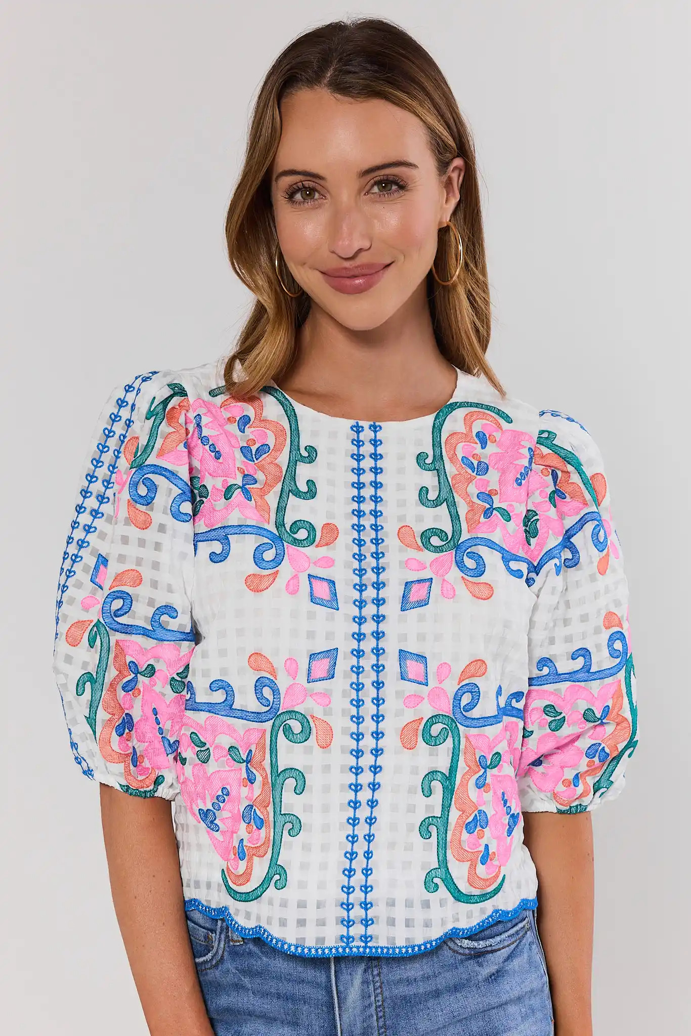 White Multi Embroidered Top by THML | Avara
