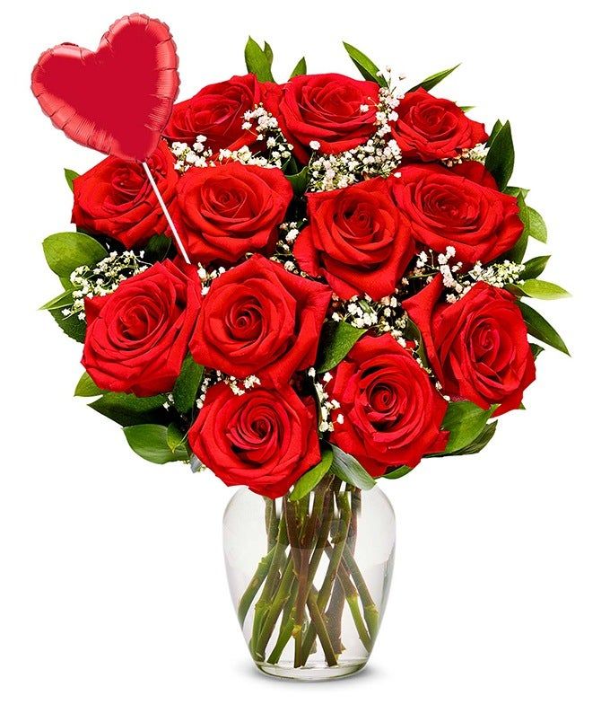 Flowers - One Dozen Red Roses + Heart Balloon - Regular | FromYouFlowers.com