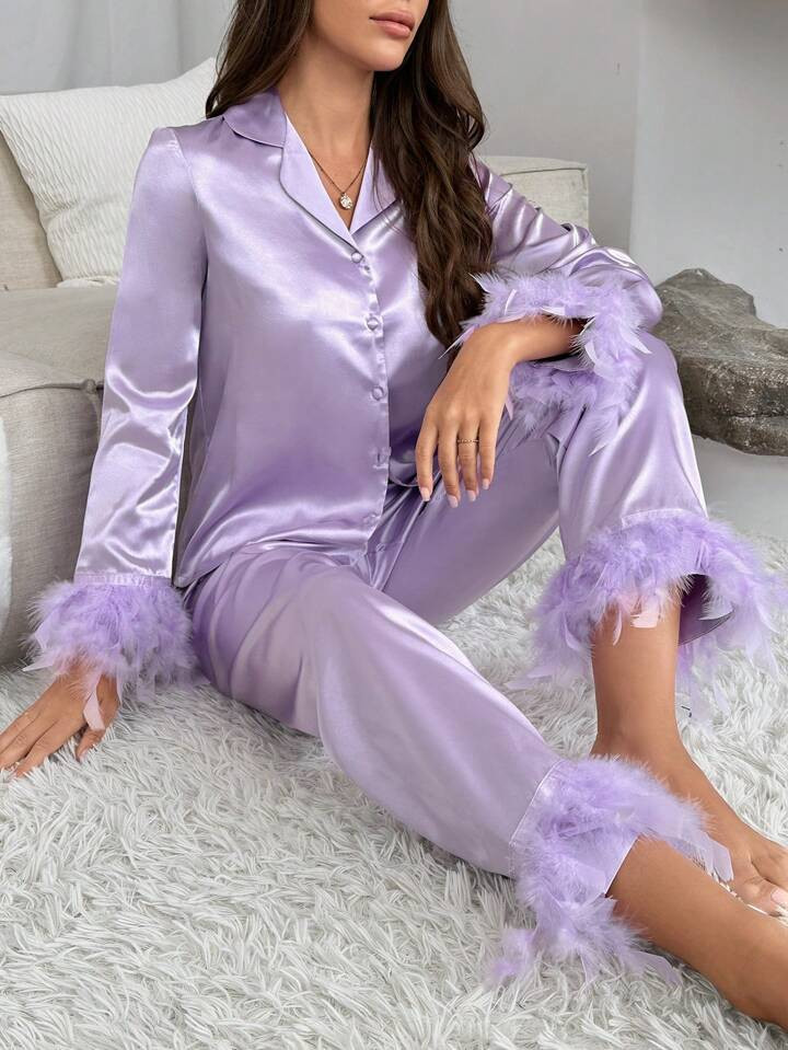 Fuzzy Trim Satin PJ Set | SHEIN