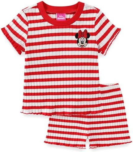 Disney Lilo & Stitch Minnie Mouse Girls Ribbed Short Sleeve Shirt and Shorts Set for Little and B... | Amazon (US)