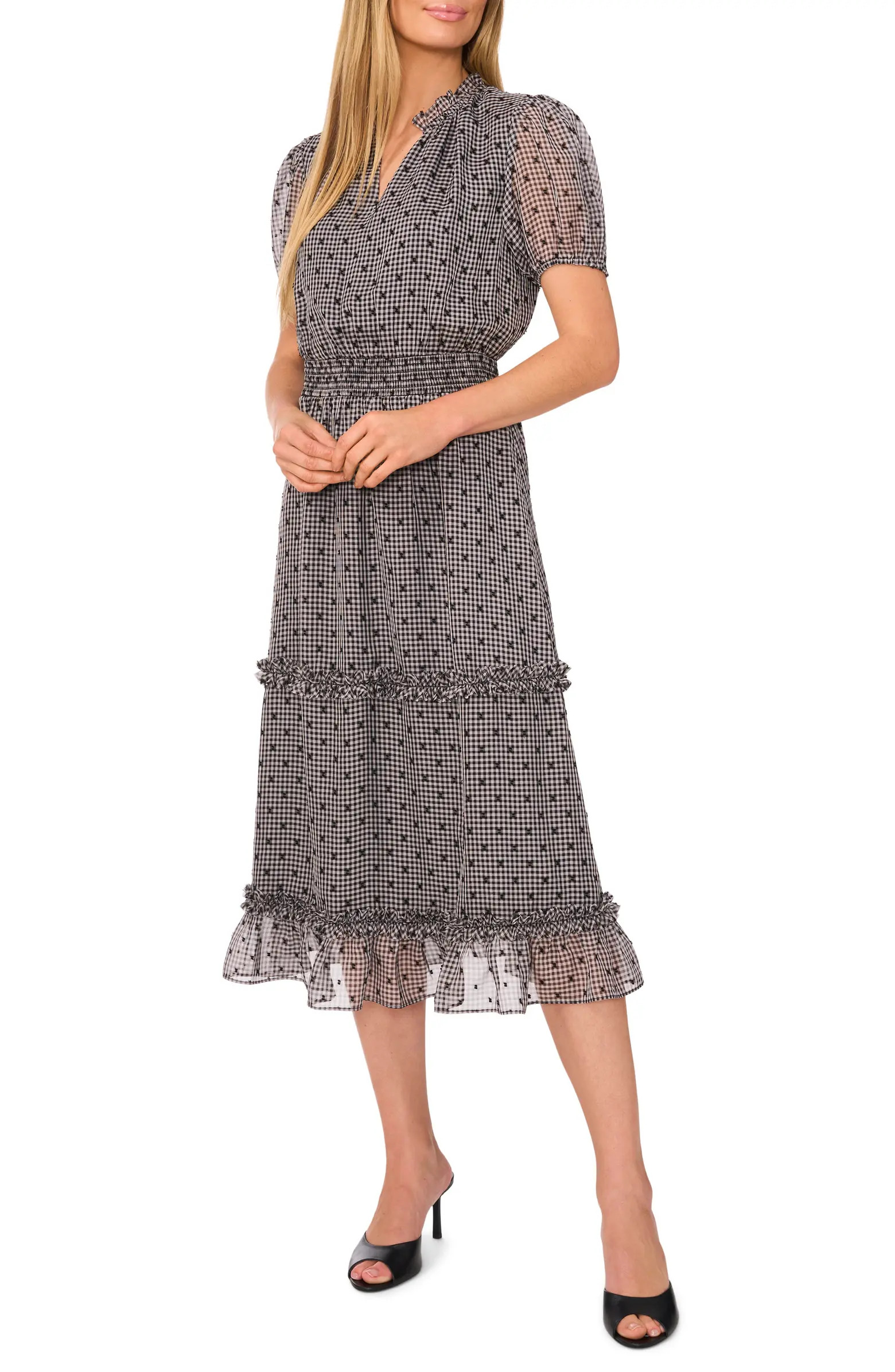 Gingham Tiered Puff Sleeve Midi Dress | Nordstrom