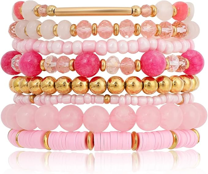IDEAJOY Pink Bracelets Purple Bracelet Bohemian Multi-Layer Beaded Stacking,8 Pcs Versatile Stran... | Amazon (US)