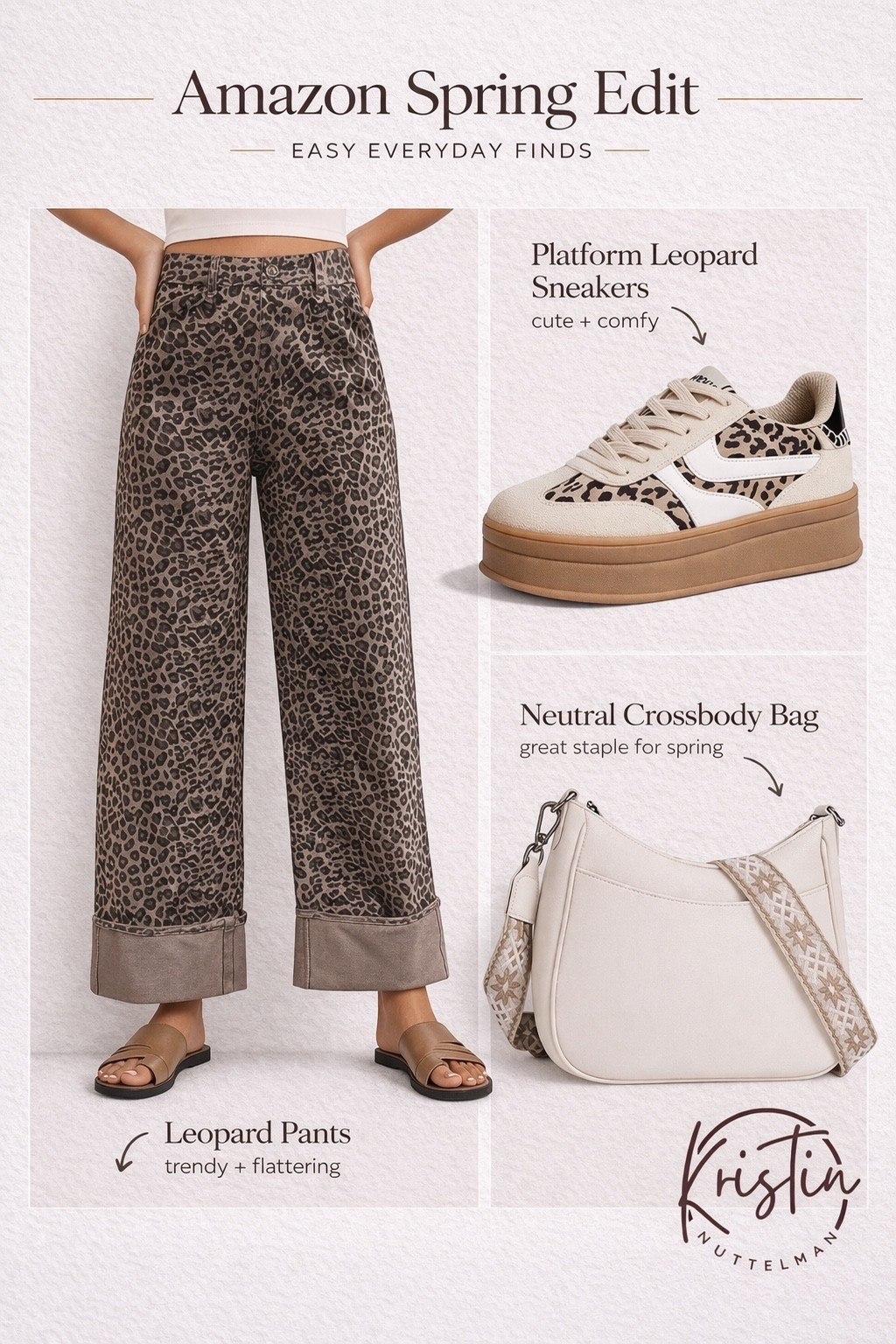 The easiest way to build a cute everyday outfit 🐆🤍

Start with these staples and just add a simple tee or tank — done.

✔️ leopard pants (statement but still neutral)
✔️ platform sneakers (SO comfy + adds height)
✔️ neutral crossbody (goes with everything)

Effortless, wearable, and perfect for everyday ✨

#amazonfashion #amazonfinds #amazonstyle #ltkstyle #ltkfashion #ltkfinds #springstyle #casualstyle #everydaystyle #momstyle #effortlessstyle #neutraloutfit #leopardprint #trendyoutfit #springoutfit

#LTKootd #LTKU #LTKSaleAlert