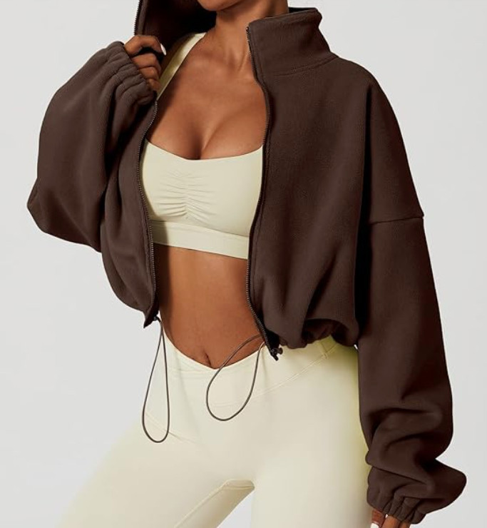 QINSEN Women's Full Zip Fleece Short Jacket Warm Winter Long Sleeve Stand Collar Sherpa Crop Coat womens casual outerwear oversized zip up jacket for workout on the go  

 