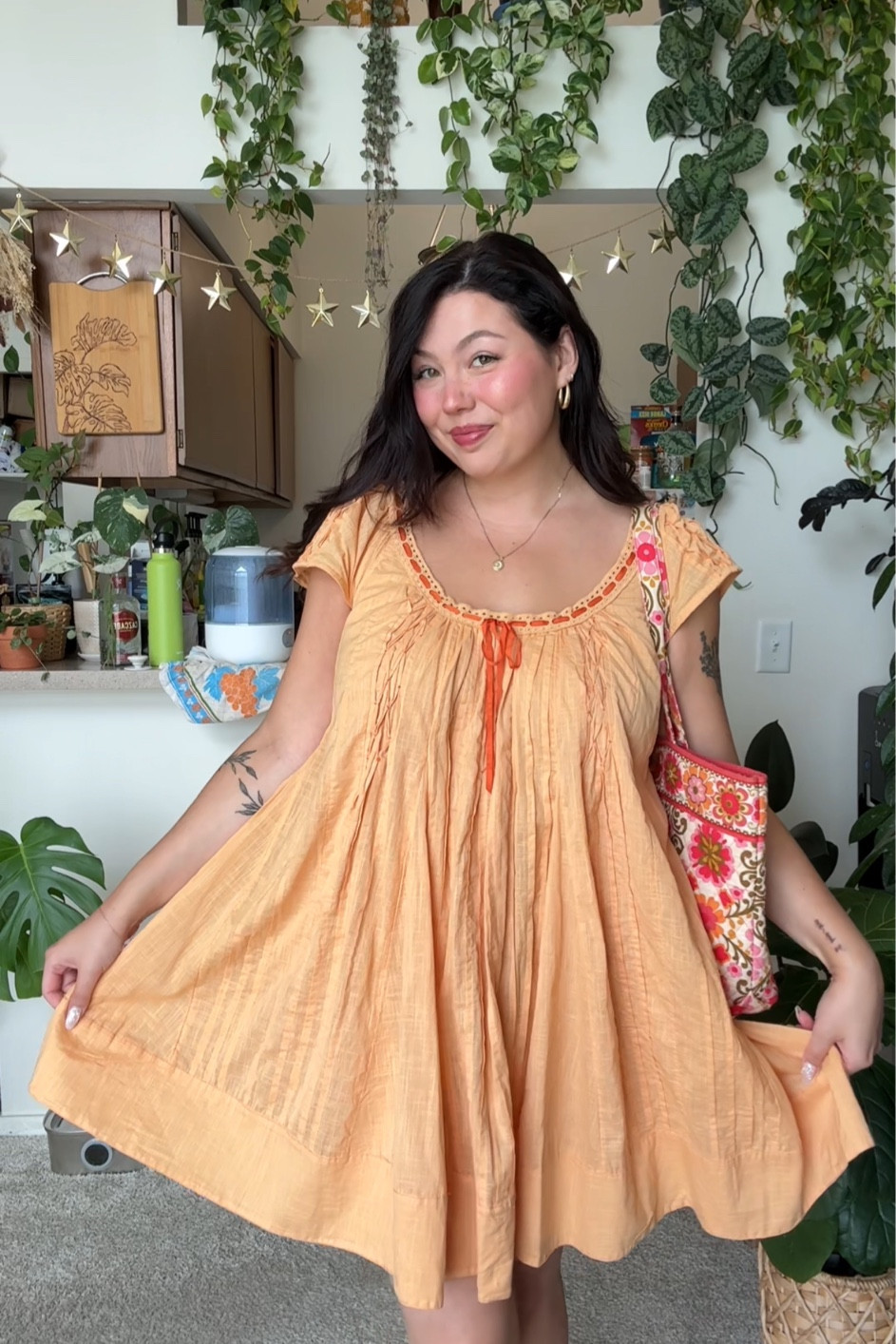 Size M in dress, bag is thrifted Vera Bradley!