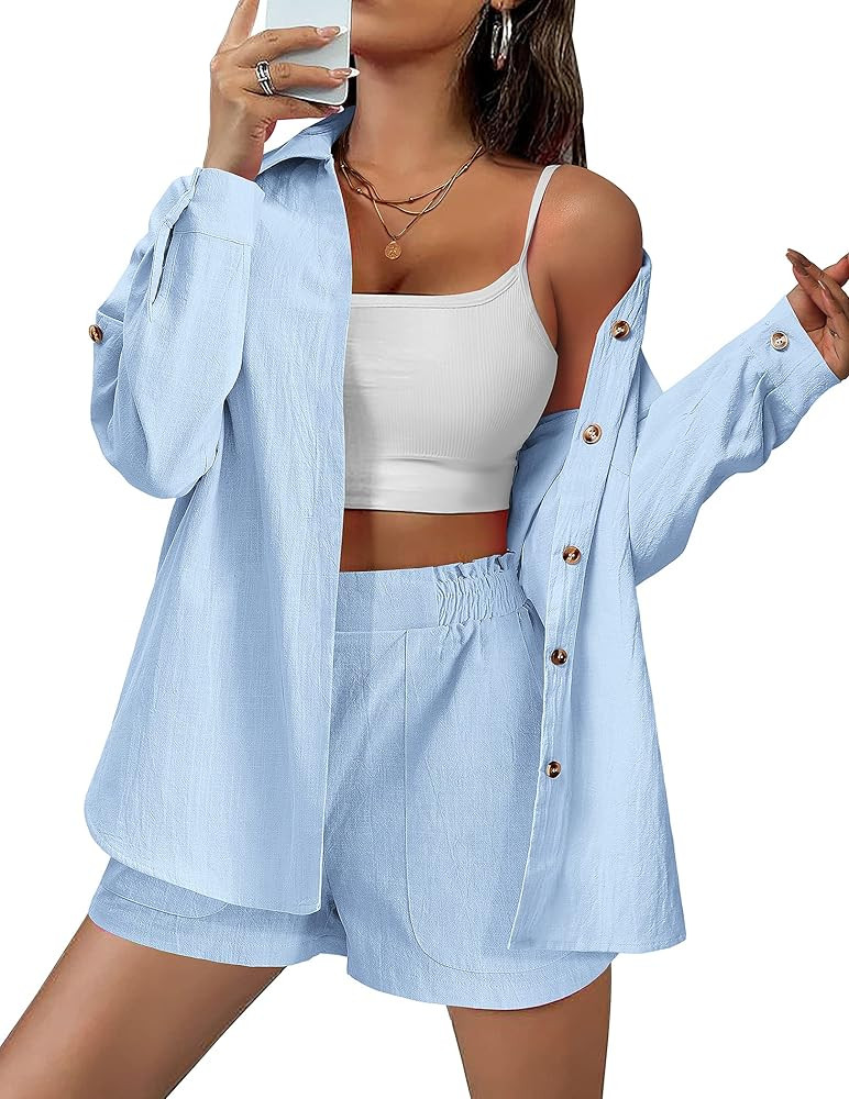 HOTOUCH Women 2 Piece Outfits Cotton Linen Set for Summer Two Piece Shirt& Shorts Tracksuit Loung... | Amazon (US)