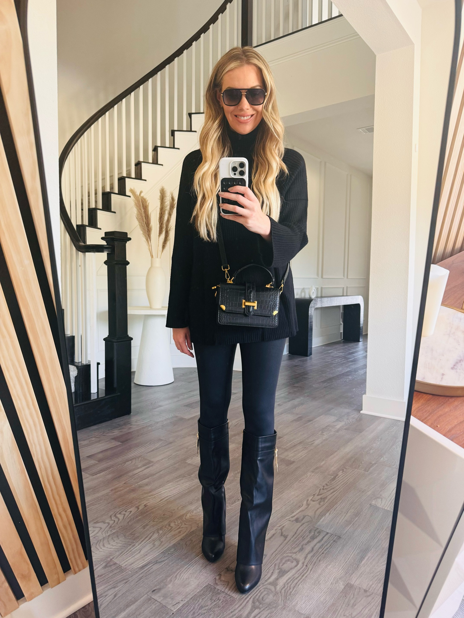 Amazon Fall Outfit / Black Sweater, Leggings, Boots, Sunglasses and Bag
