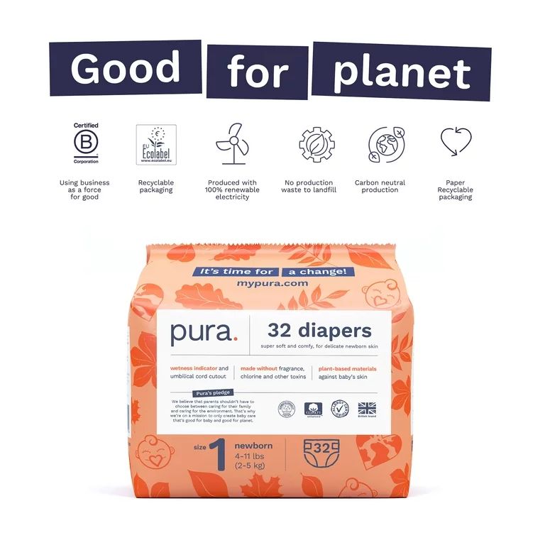 Pura Sensitive Soft Sustainable Diapers Size 1, 96 Count (Choose Your Size and Count) - Walmart.c... | Walmart (US)
