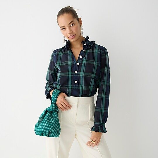 J.Crew: Classic-fit Ruffle-neck Popover In Black Watch Tartan With Jewel Buttons For Women | J.Crew US