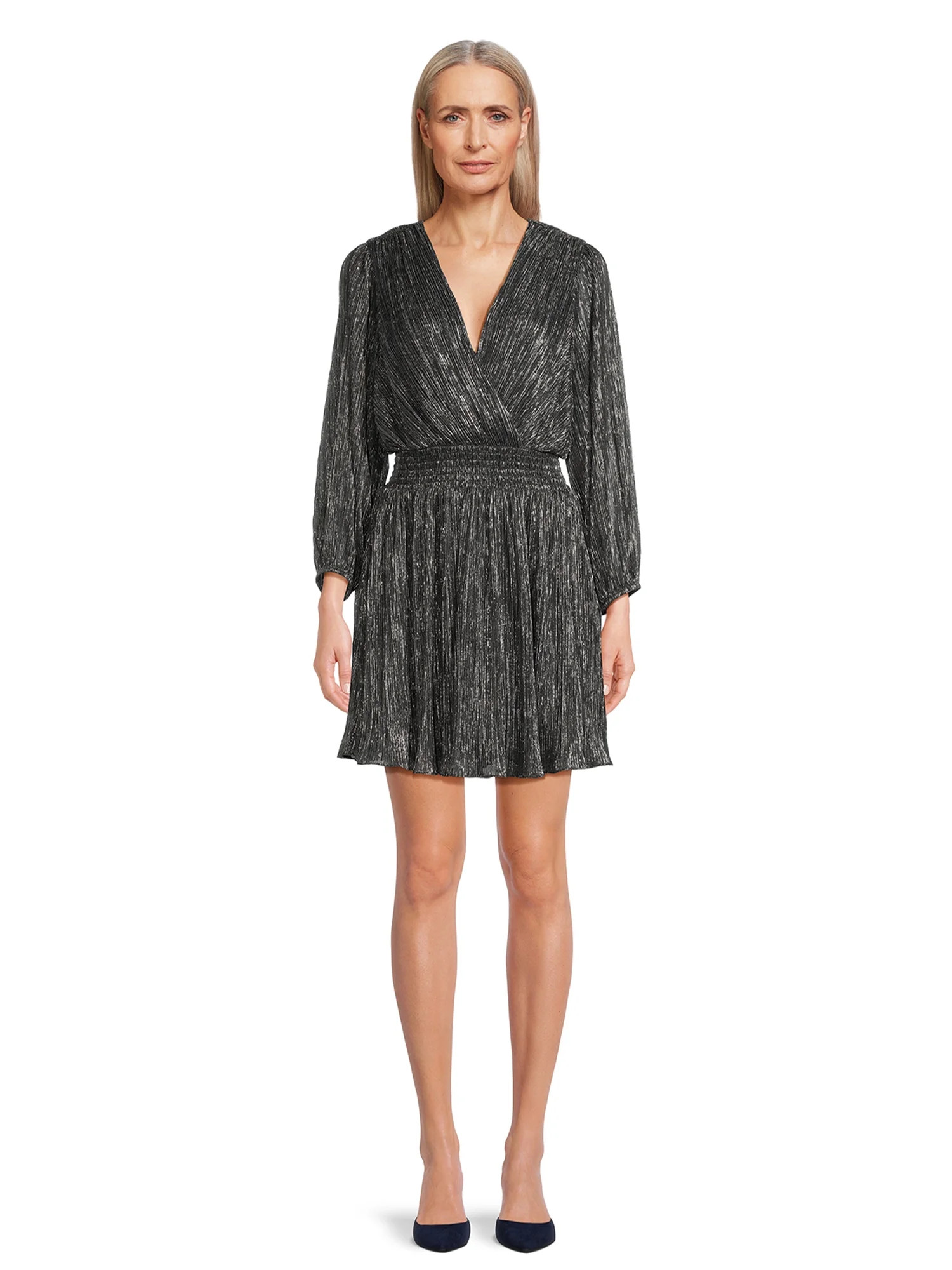 BCBG Paris Women's Metallic Plisse Satin Dress with Tiered Skirt | Walmart (US)