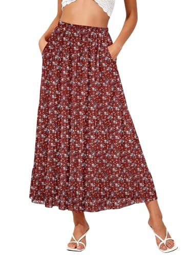 NASHALYLY Women's High Waisted Maxi Skirt,Elastic Chiffon Boho Long Skirt with Pockets(Crimson Floral,M) | Amazon (US)