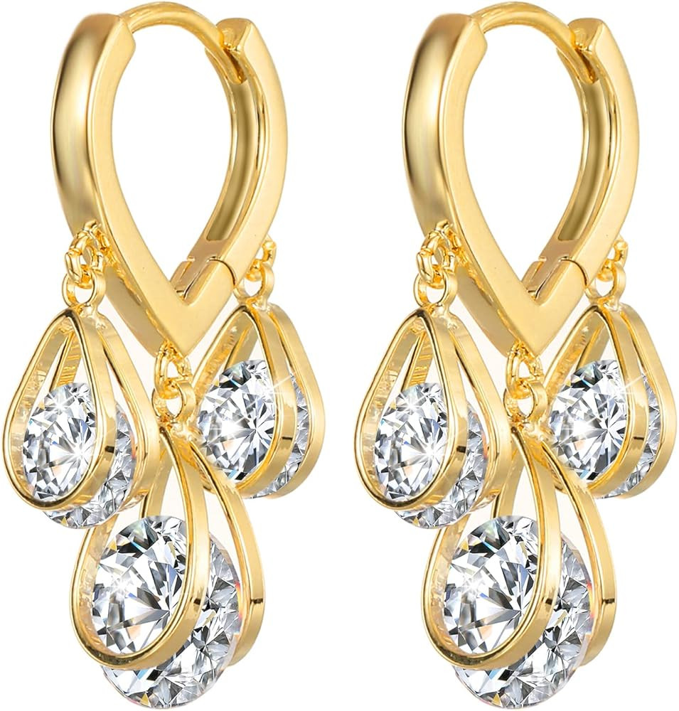 Gold Earrings for Women Sparkly 5A Cubic Zirconia Earrings Danity 14k Gold Plated Hoop Dangle Ear... | Amazon (US)