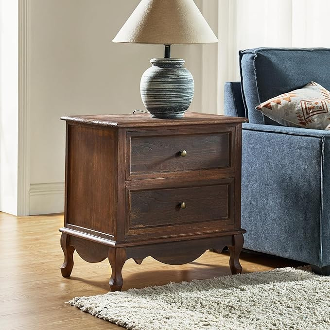 HULALA HOME Wood Nightstand with Charging Station Space, 24" W Bedside Table 2 Drawer Dresser wit... | Amazon (US)