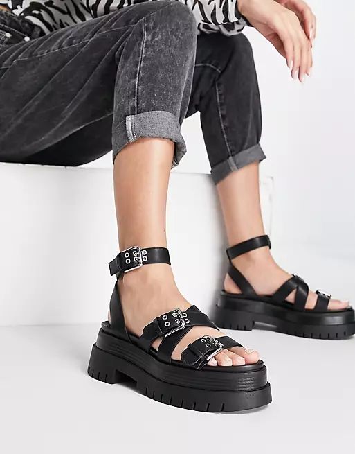 Bershka super chunky cleated sole sandal in black | ASOS (Global)