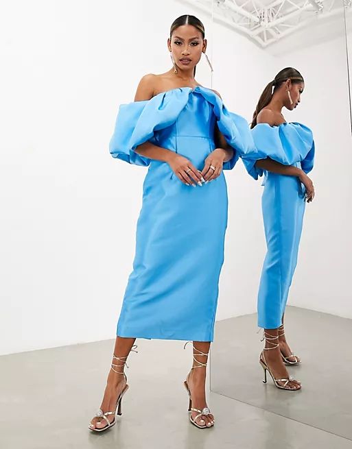 ASOS EDITION volume sleeve satin midi dress in azure blue | ASOS (Global)