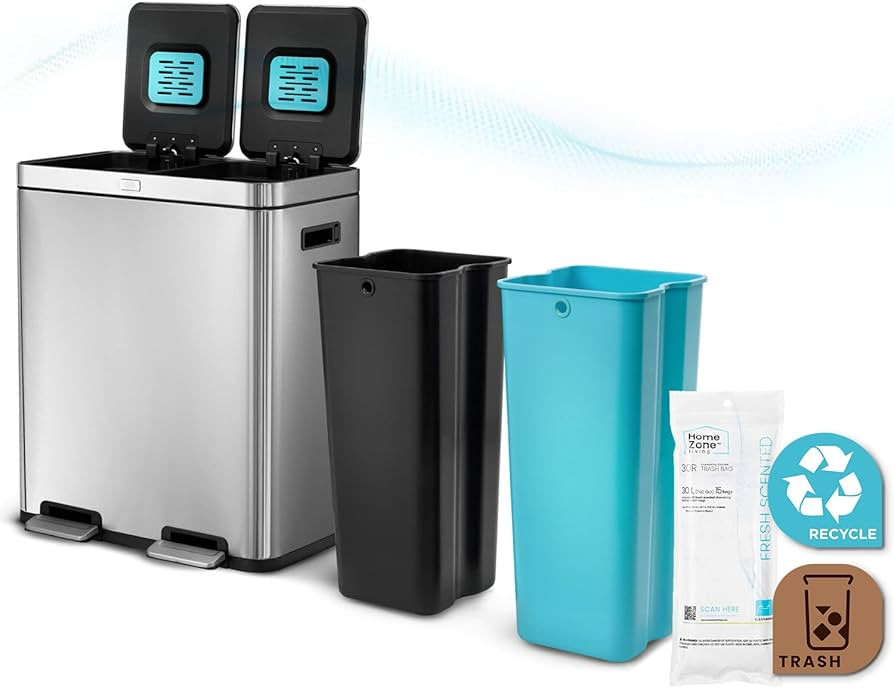 Home Zone Living 15.8 Gallon Kitchen Trash Can, Dual Removable Liners for Recycling and Trash, Cl... | Amazon (US)