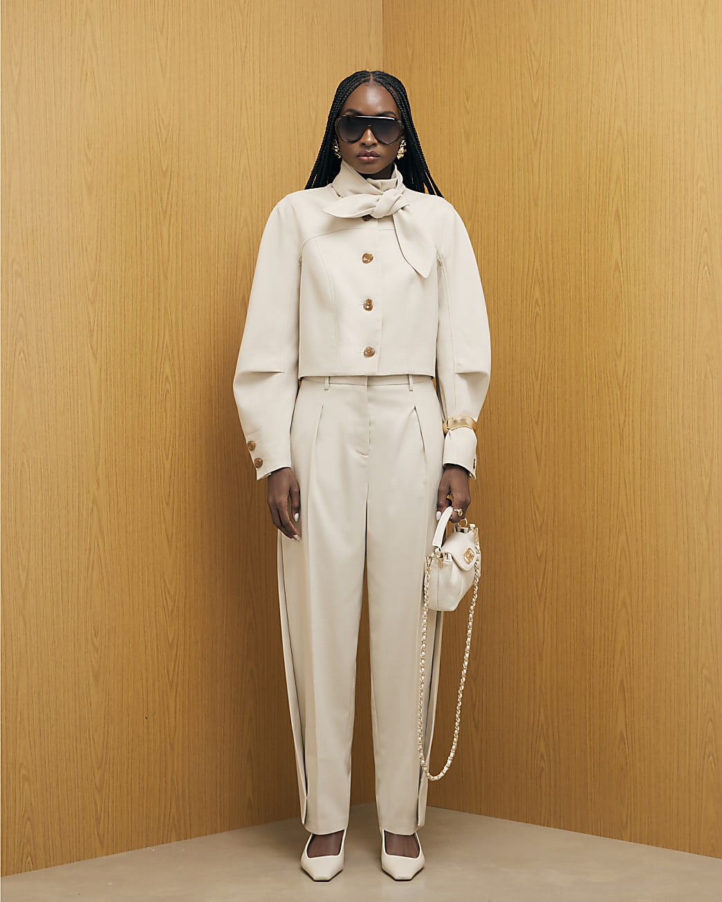 Cream Herringbone Tapered Trousers | River Island UK & IE