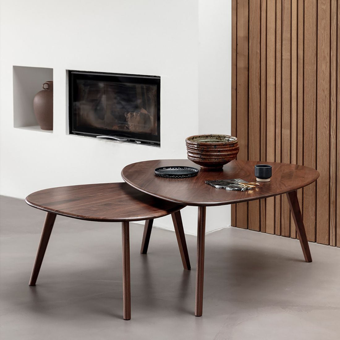 Petale Triangular 2-Piece Walnut Wood Nesting Table | Eternity Modern