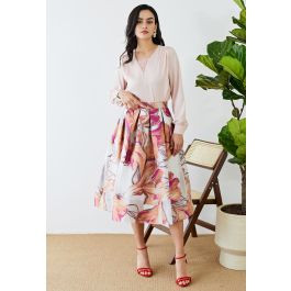 Artistic Floral Jacquard Organza Pleated Midi Skirt in Coral | Chicwish