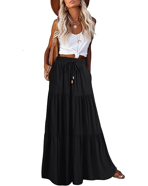 ANRABESS Women’s Boho Elastic High Waist Pleated A-Line Flowy Swing Asymmetric Tiered Maxi Long... | Amazon (US)