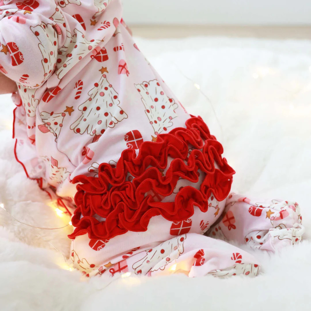 Very Merry Ruffle Zipper Footie | Pink | Caden Lane