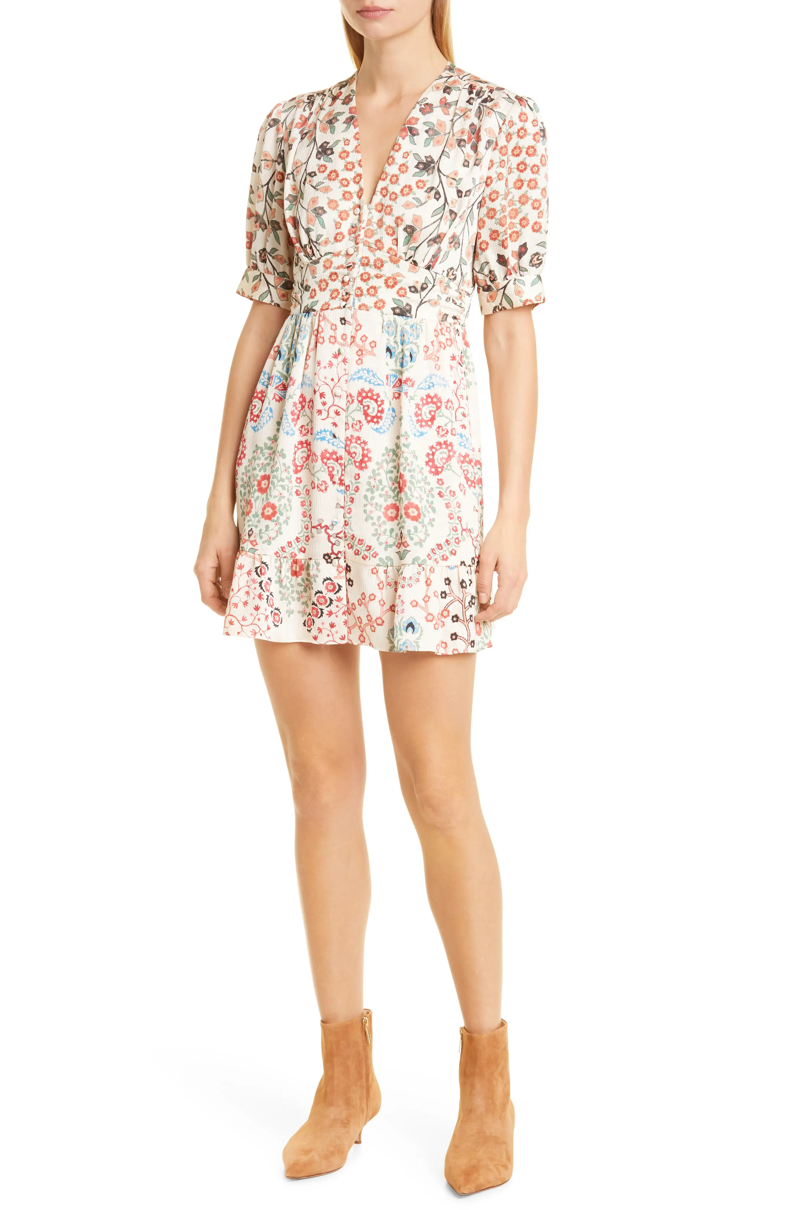 ba & sh Ganiela Floral Puff Sleeve Minidress in Ecru at Nordstrom, Size Large | Nordstrom