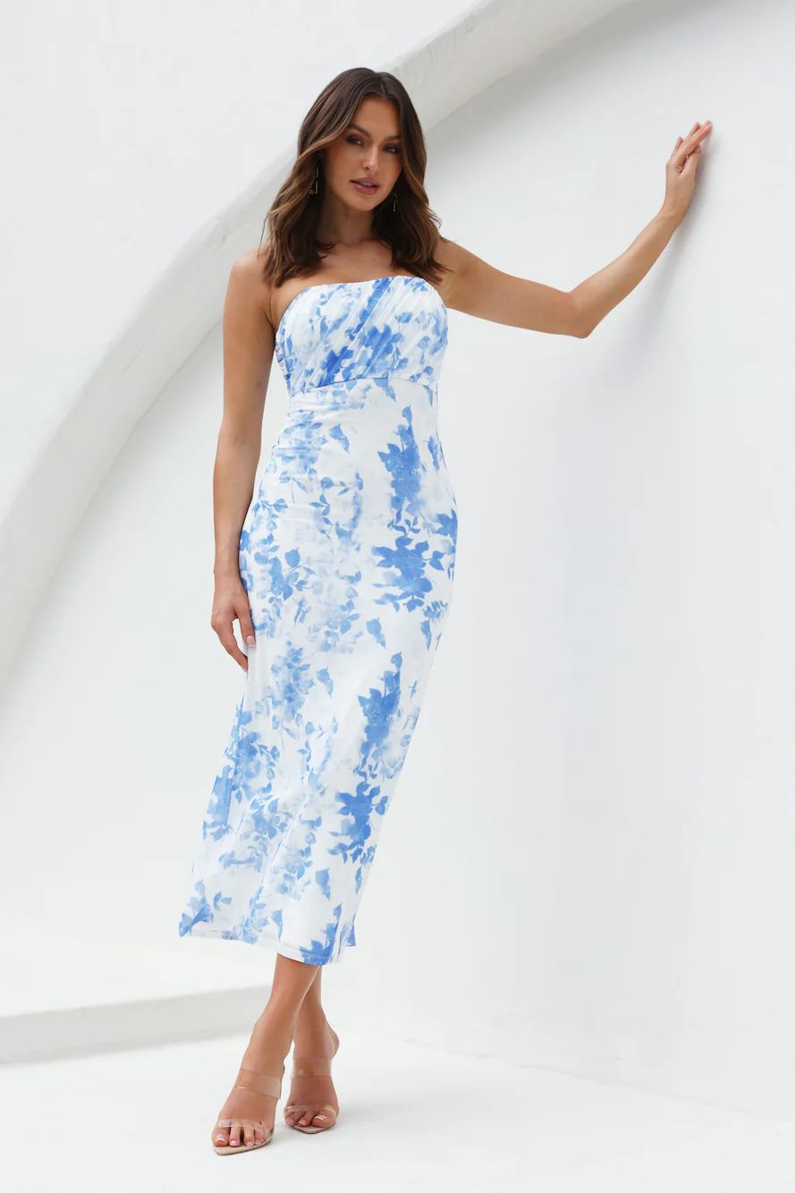 You Always Know Strapless Mesh Maxi Dress Blue | Hello Molly