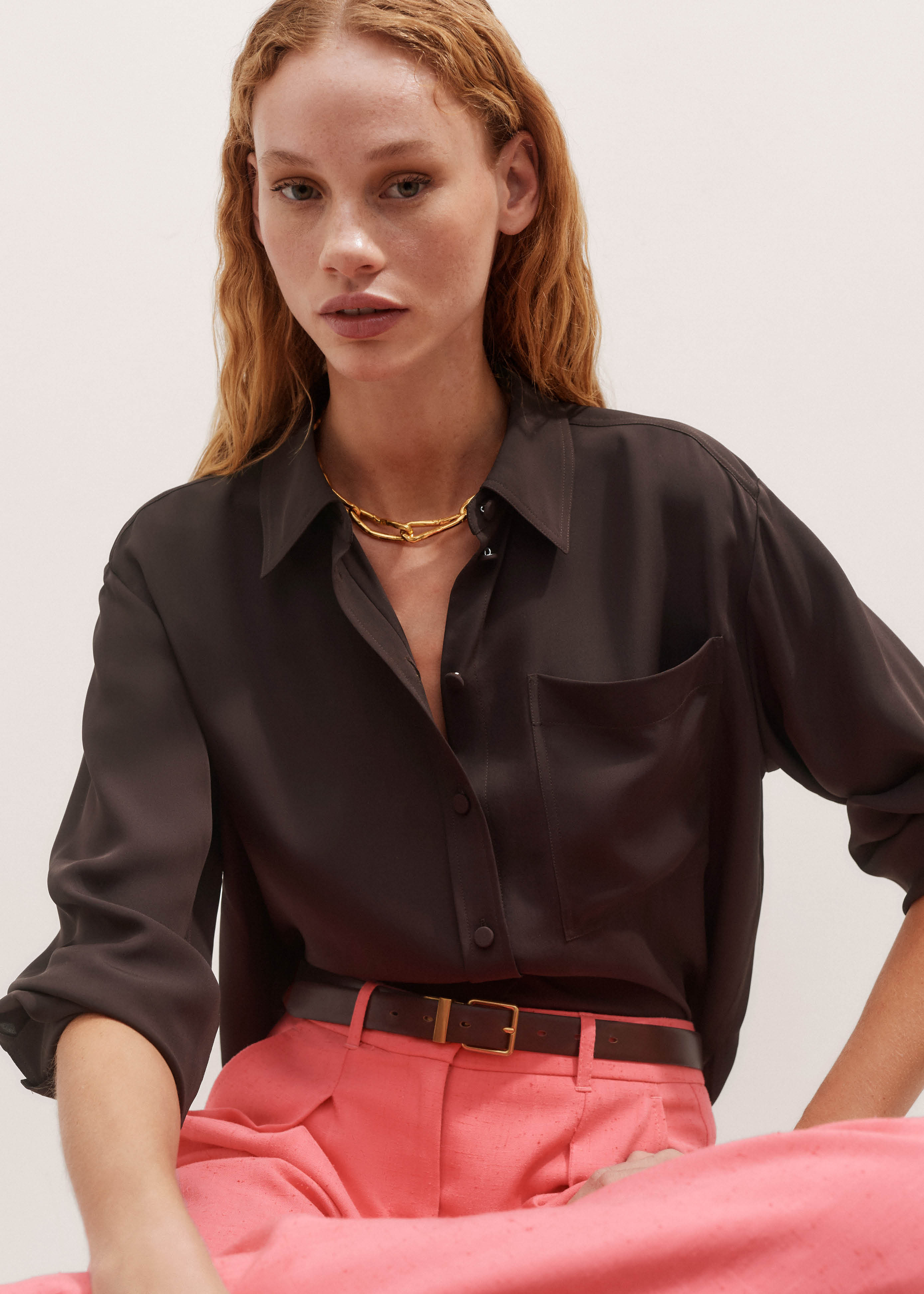 Women's Brown Silk Crop Shirt | ME+EM | ME+EM Global (Excluding US)