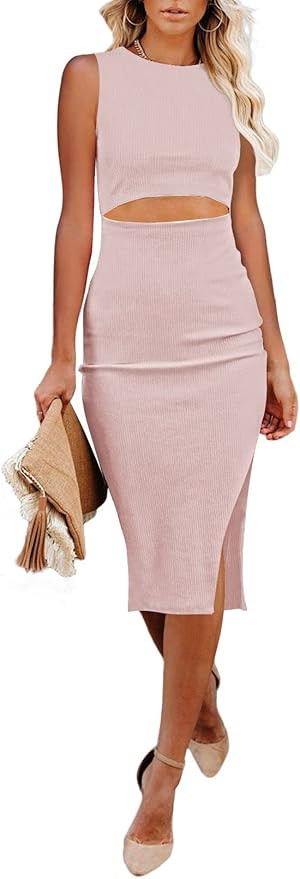 Pink Queen Women's Crew Neck Sleeveless Cutout Side Slit Knee Length Bodycon Knit Midi Dress Baby... | Amazon (US)