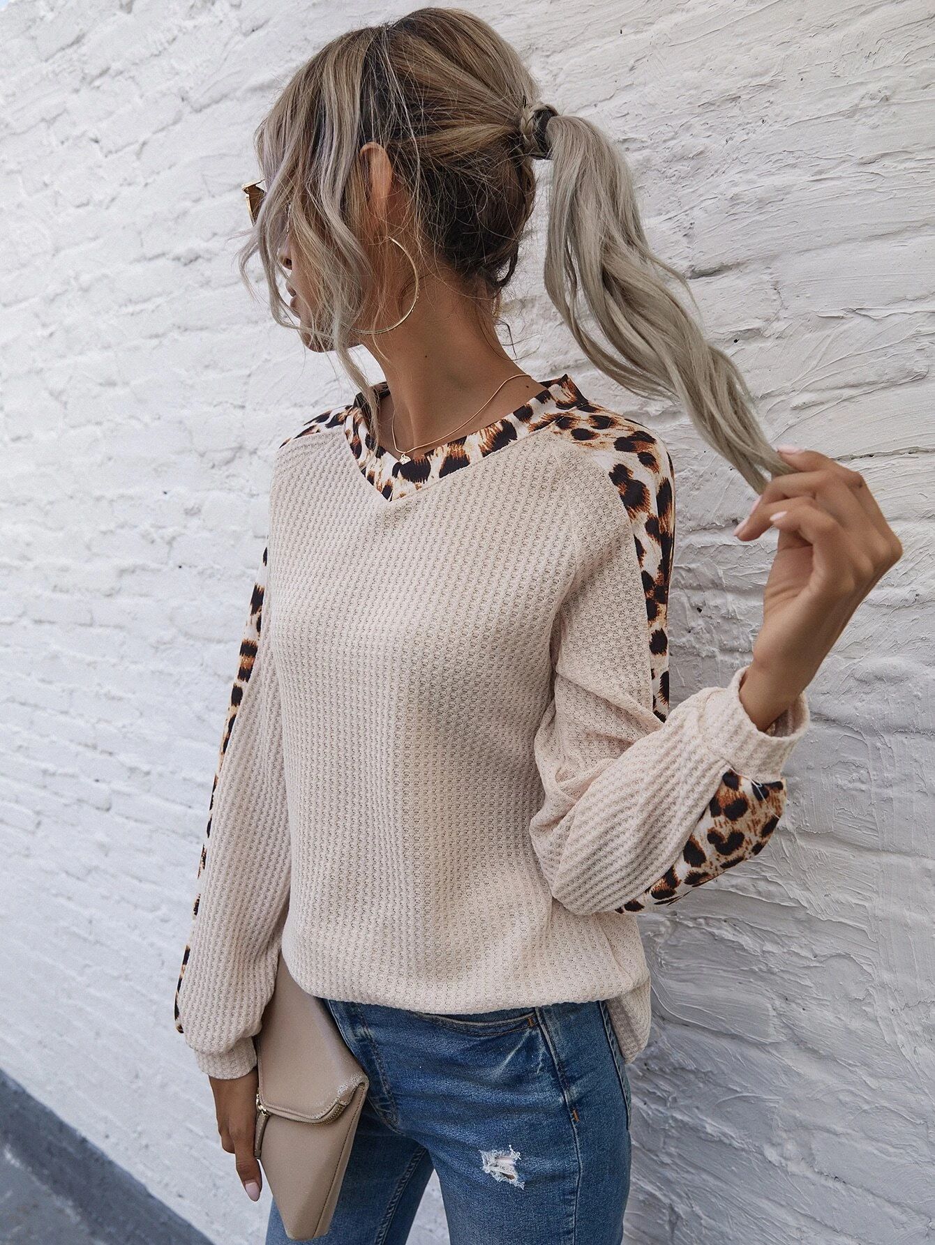 Leopard Print Raglan Sleeve Waffle Knit Tee | SHEIN