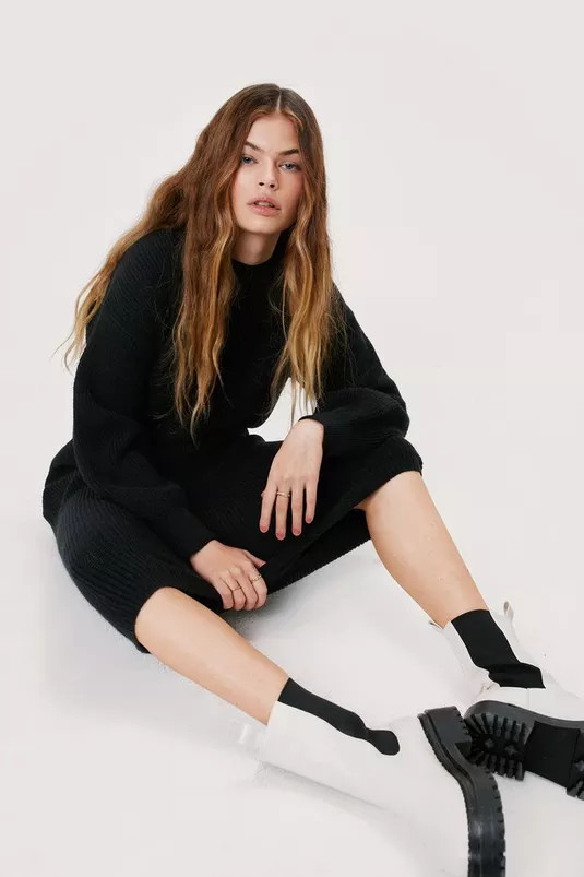 Balloon Sleeve Crew Neck Midi Sweater Dress | Nasty Gal (US)