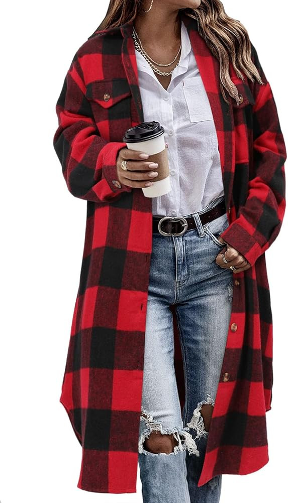 CHICZONE Womens Plaid Shacket Jacket Long Corduroy Shirt Casual Lapel Button Down Flannel Trench ... | Amazon (US)