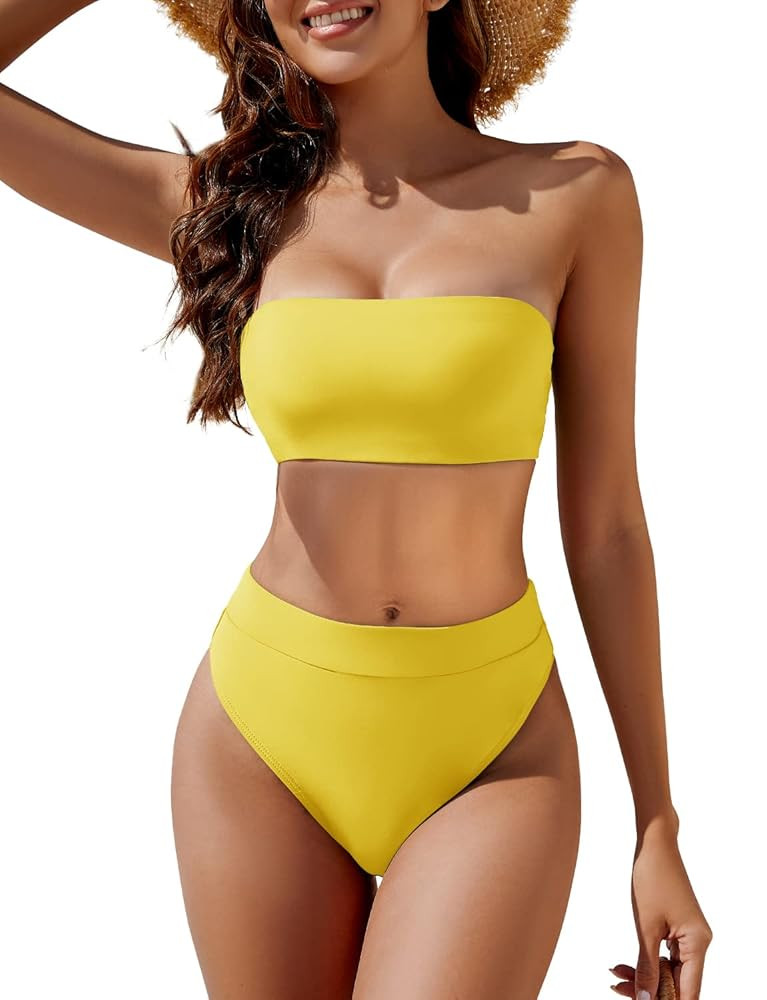 YACUN Women's High Waisted Bikini Swimsuit Two Piece Strapless Bandeau Cheeky Bathing Suits | Amazon (US)