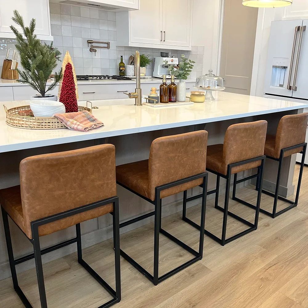 ALPHA HOME 24” Bar Stools Set of 4 Counter Height Bar Stool Pu Leather Kitchen Modern Bar Stool... | Amazon (US)