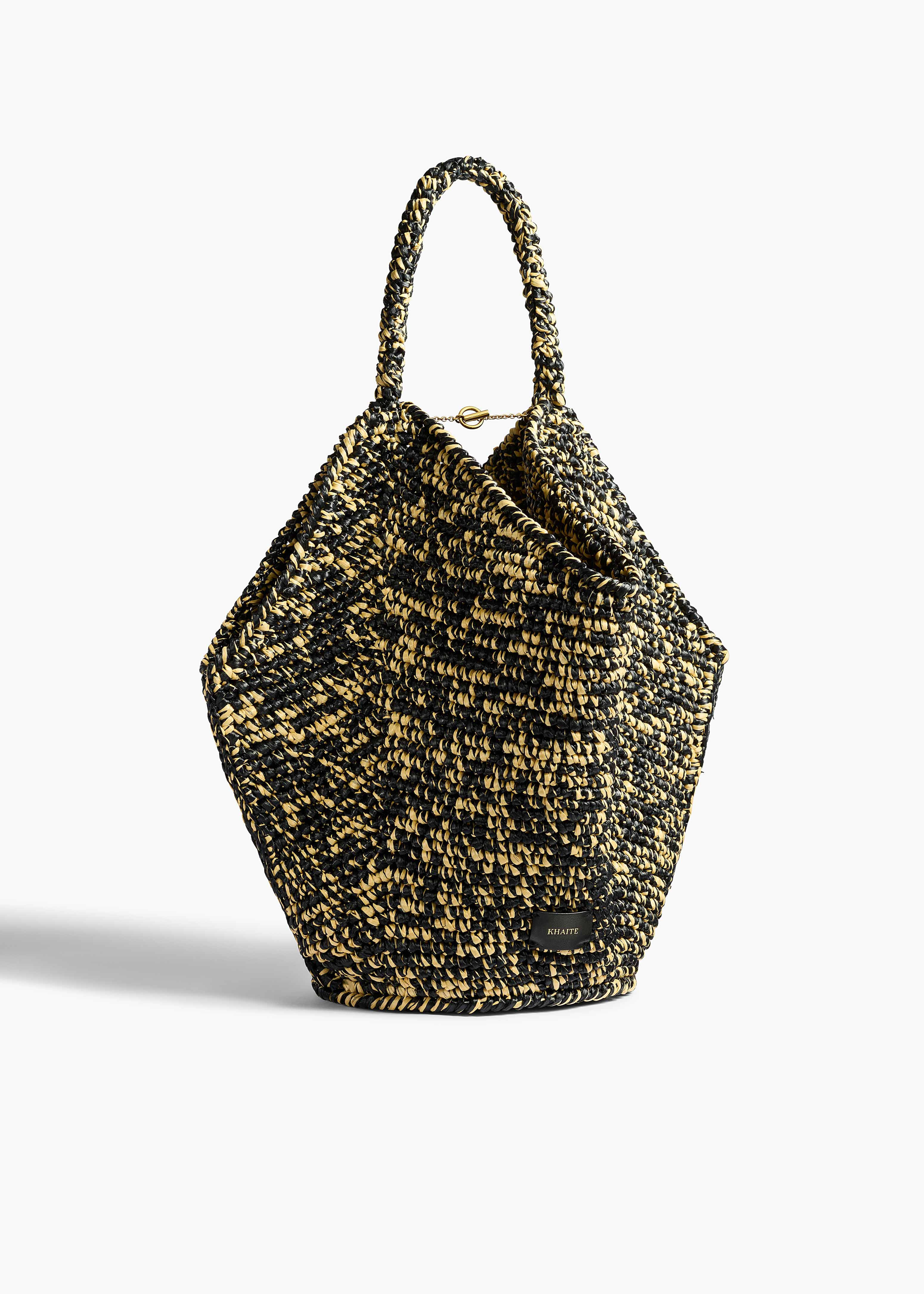 KHAITE - Medium Lotus Tote In Black And White Raffia | Khaite