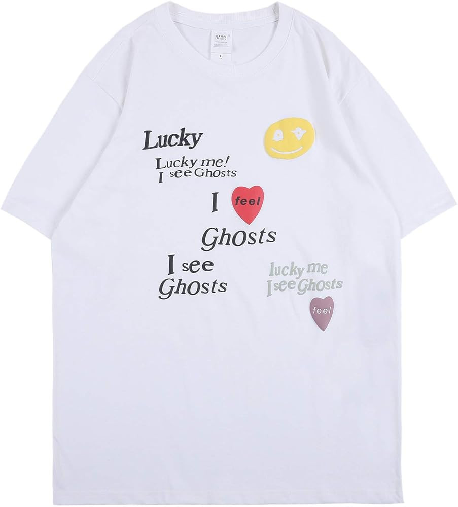 NAGRI Kanye Lucky Me I See Ghosts T Shirts Smile Face Graphic Letter Print Short Sleeve Crew Neck... | Amazon (US)