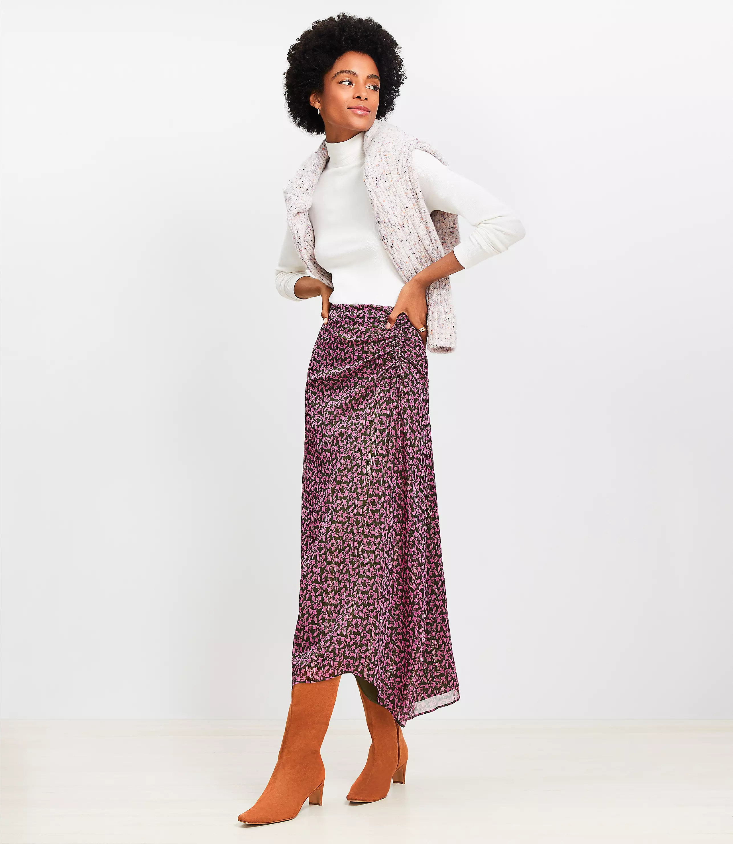Shimmer Floral Ruched Midi Skirt | LOFT