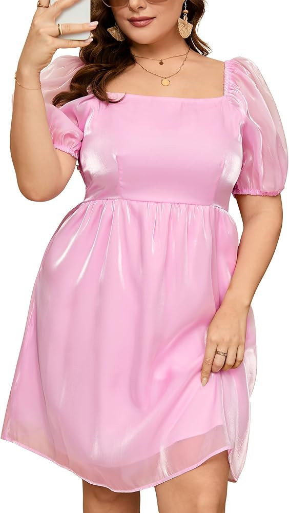 Women's Plus Size Tulle Dress Square Neck Puff Sleeve Puffy Babydoll Mesh Mini Dress | Amazon (US)