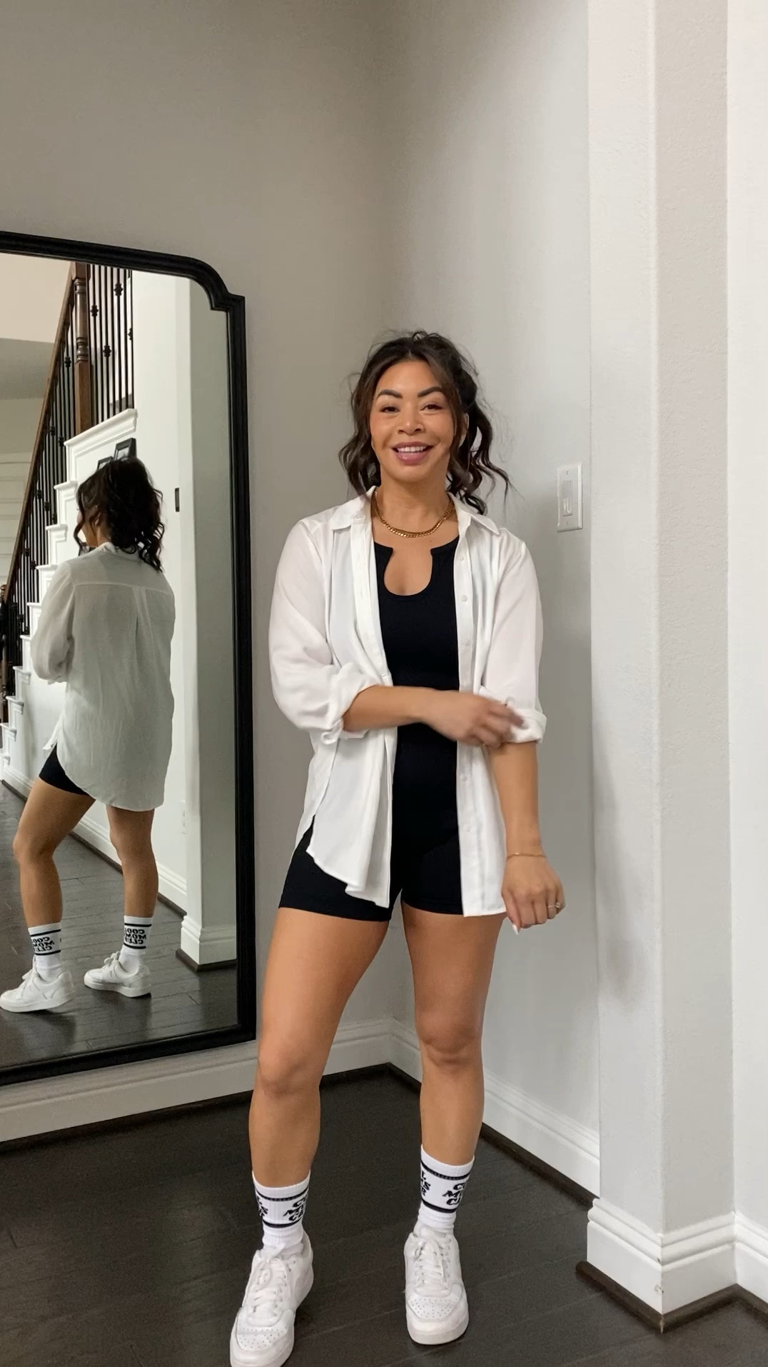 A casual black and white for this gloomy Sunday! Wearing a small in the button down and medium in the onesie 

Socks are from my store: LoveOnPurpose.Co

#LTKfindsunder50 #LTKfitness #LTKover40