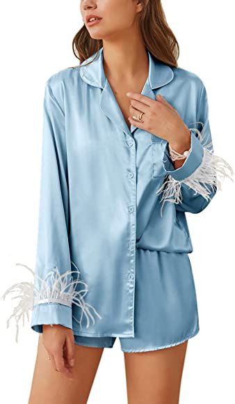 Ekouaer Women's Feather Trim Silk Satin Pajama Set Long Sleeve Lounge Sets Button Down Sleepwear ... | Amazon (US)