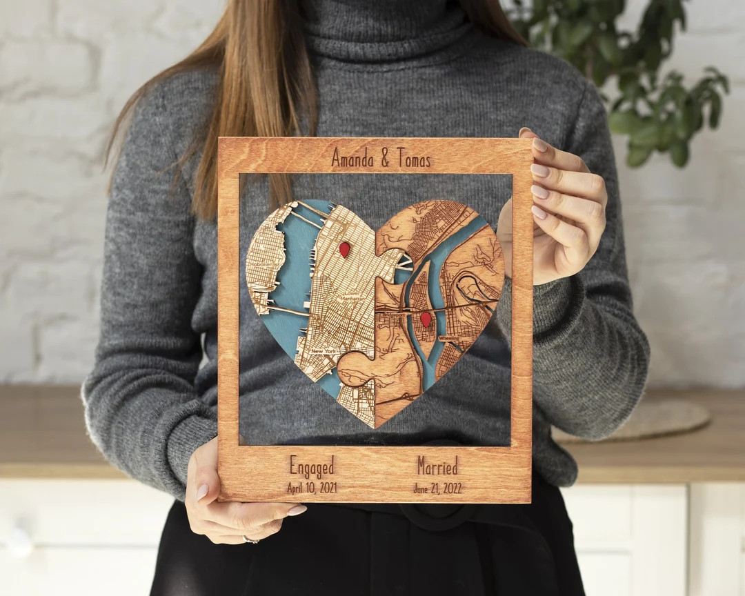 Newly Wed Gifts, Two Locations Heart Puzzle Map Wooden Framed Wall Art, Personalized Wedding Gift... | Etsy (US)