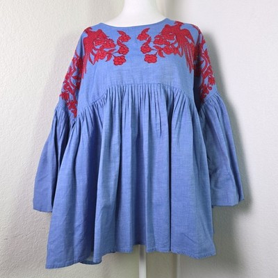 Hemant & Nandita Blue Red Embroidered Boho Tunic Top Size L | eBay | eBay US