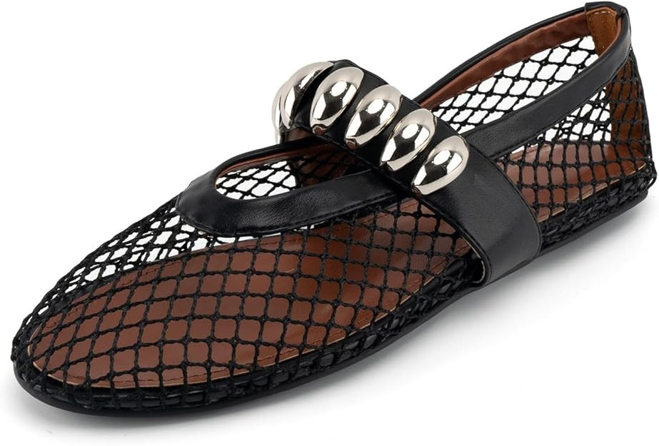 DREAMCIA Mesh Ballet Flats Rhinestone Buckle Strap Embellished Ballerina Shoes Fishnet Mary Jane ... | Amazon (US)