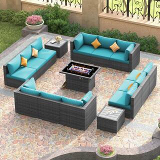 15-Piece Large Size Gray Wicker Patio Conversation Sofa Set with Teal Blue Cushions Fire Pit Table and Coffee Tables | The Home Depot