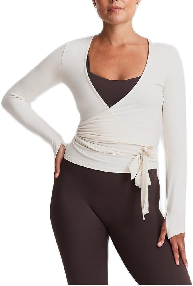 Women Y2k Long Sleeve Wrap Crop Top Ballet Pilates Workout Yoga Tie Front Shirts V Neck Slim Fit ... | Amazon (US)