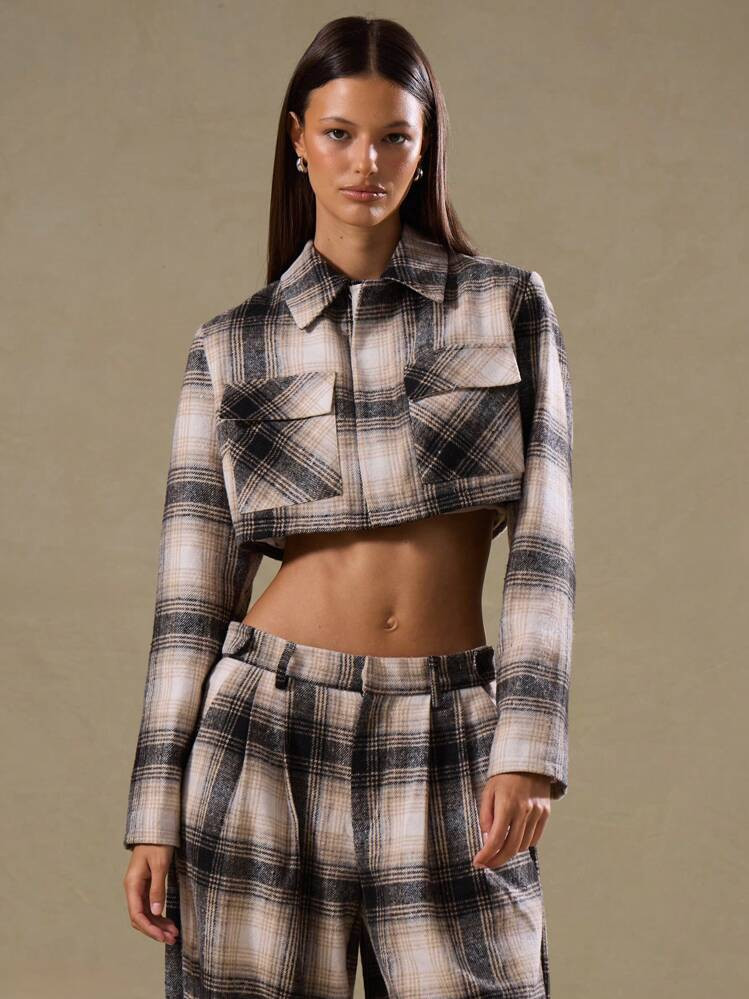 MUSERA Plaid Boxy Cropped Collared Long Sleeve Jacket , Summer Muted Haze Airport Holiday Festival Fall Streetwear Autumn Winter | SHEIN