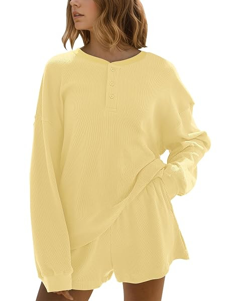 MISSACTIVER Waffle Knit Lounge Sets for Women Long Sleeve Oversized Sweatshirt Elastic Waist Shor... | Amazon (US)