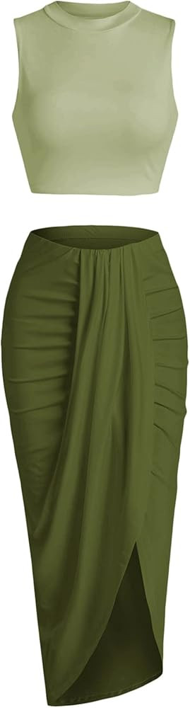 ZAFUL Women's Casual Sleeveless Summer Two Piece Outfits Crop Top and Side Split Draped Ruched Ma... | Amazon (US)